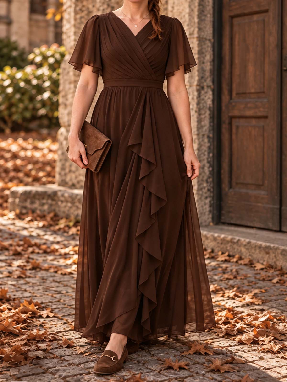Fitted/Column V-Neck Short Sleeve Maxi Chiffon Evening Dresses With Ruffles/Pleats