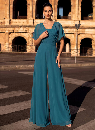 Jumpsuit/Pantsuit With Scoop Neck And Cape Sleeves, Floor-Length Pleated Chiffon Formal Dress