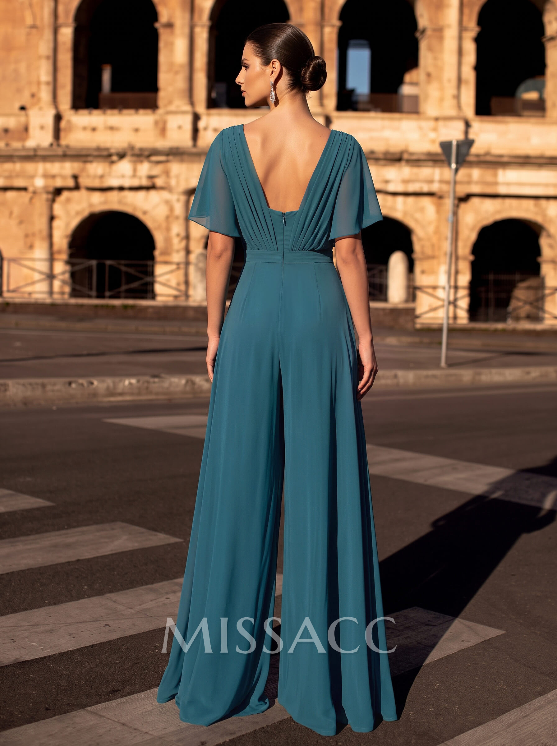 Jumpsuit/Pantsuit With Scoop Neck And Cape Sleeves, Floor-Length Pleated Chiffon Formal Dress