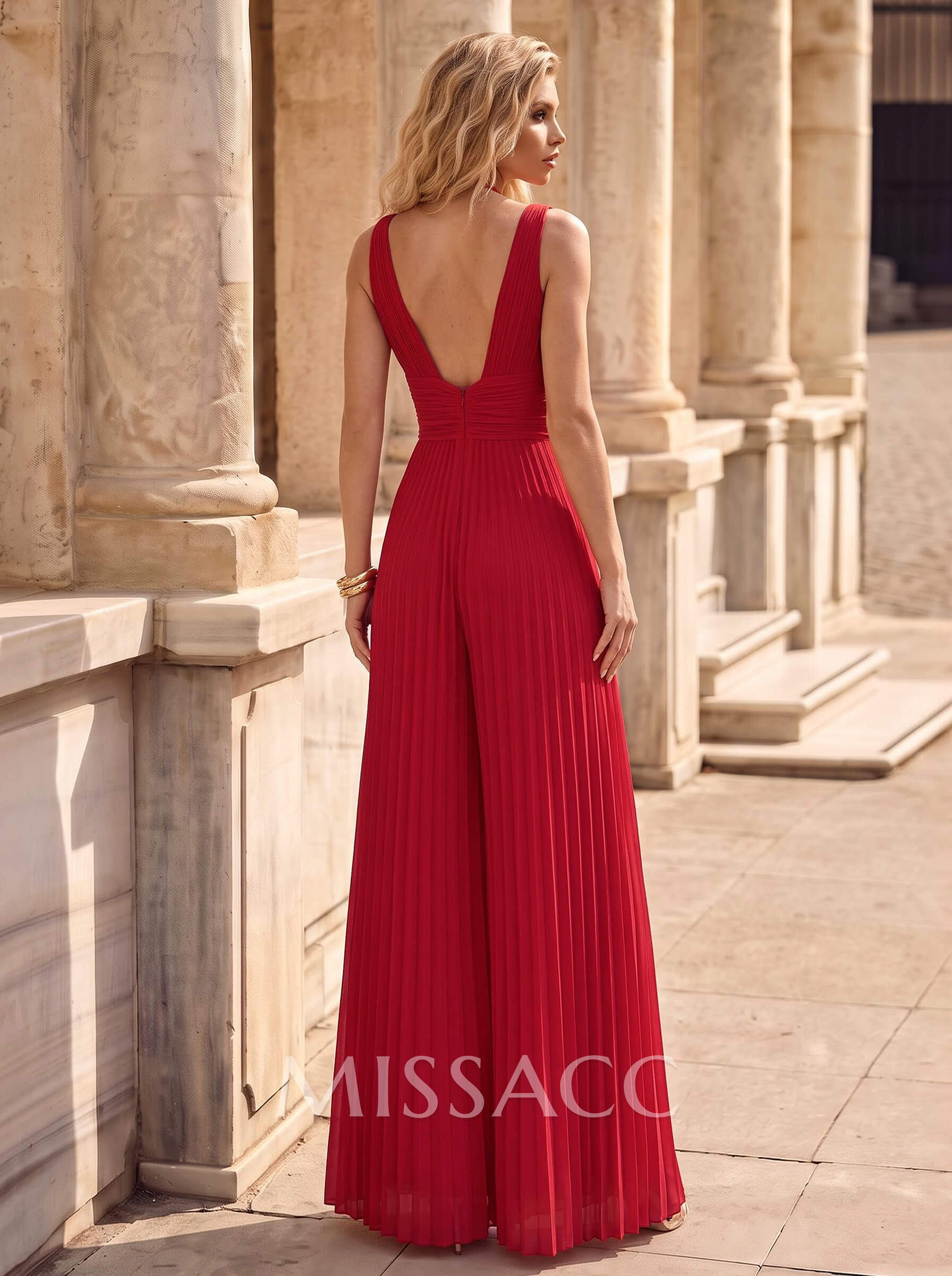 V-Neck Sleeveless Floor-Length Chiffon Evening Jumpsuit/Pant Suit With Pleats