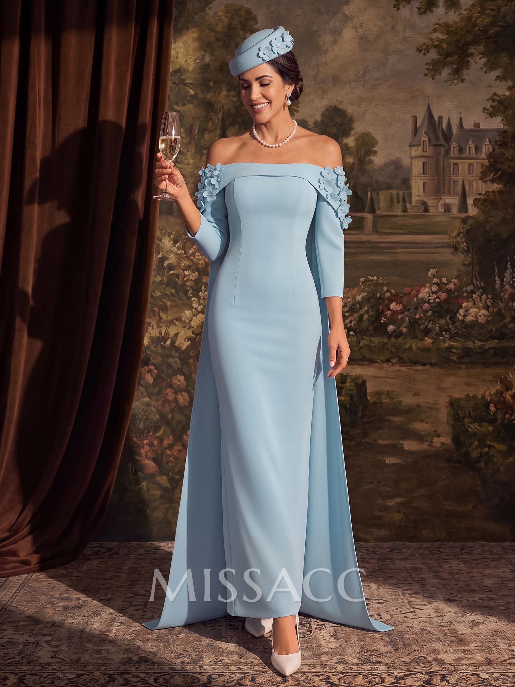 Sheath/Column Off-The-Shoulder 3/4 Sleeve Sweep Train Stretch Satin Evening Dress With Floral Detail