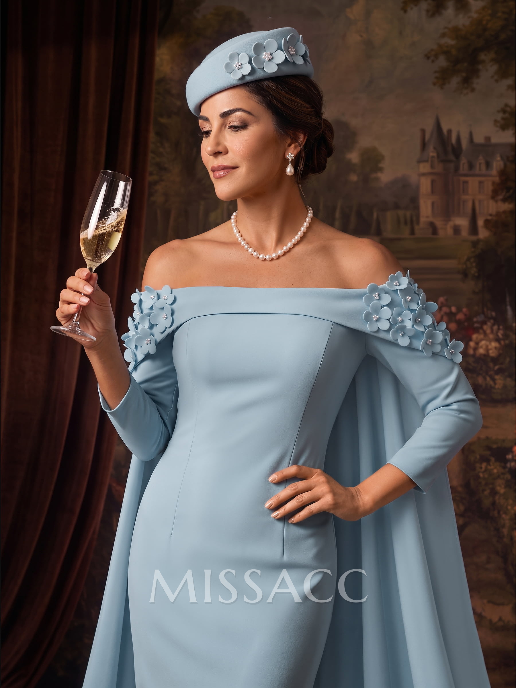 Sheath/Column Off-The-Shoulder 3/4 Sleeve Sweep Train Stretch Satin Evening Dress With Floral Detail