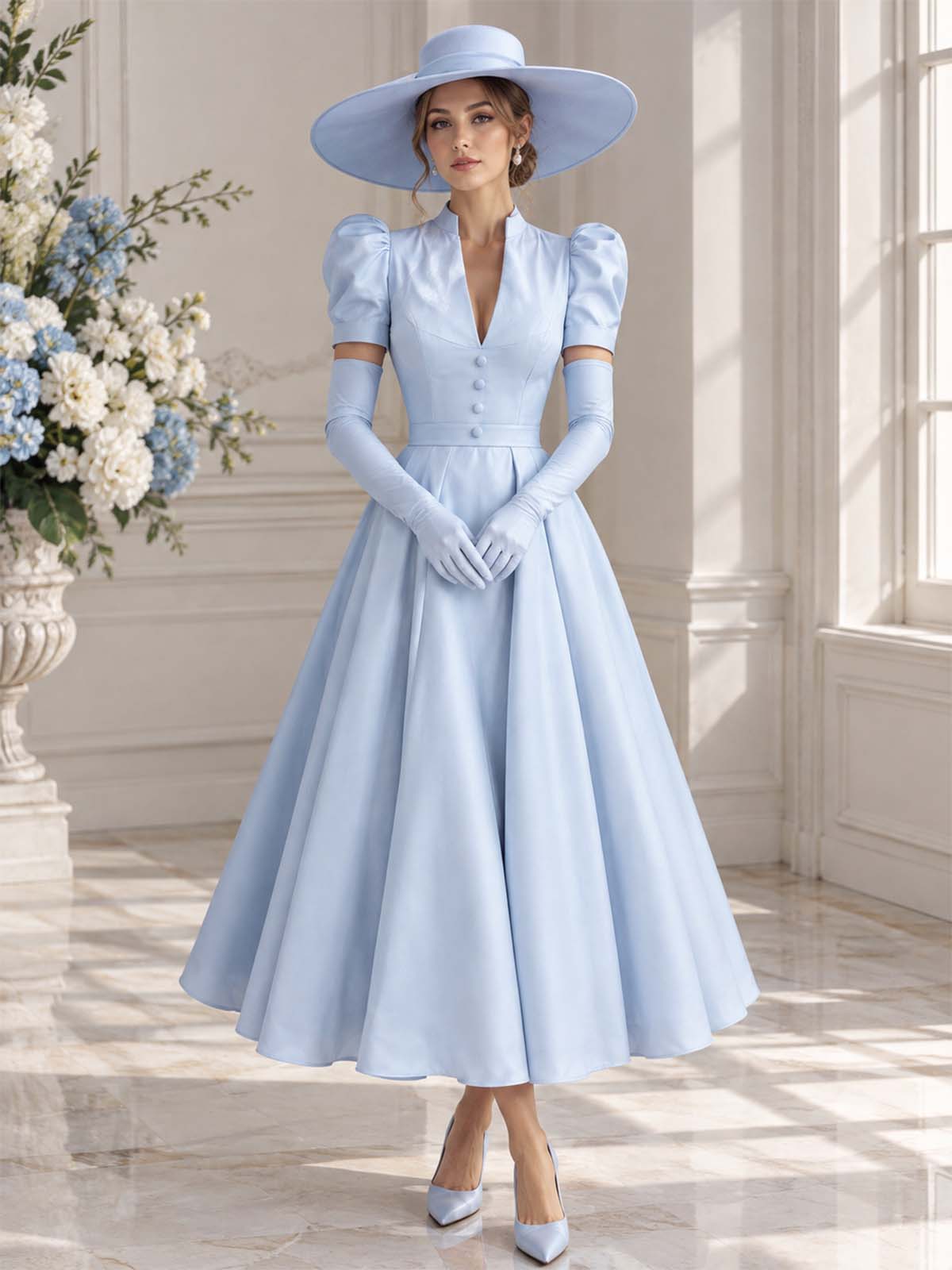 A-Line Plunge Neck Short Sleeve Ankle-Length Pleated Satin Evening Dress