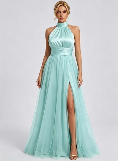 Fitted High Neck Sleeveless Asymmetric Stretch Satin Evening Dress With Cascading Ruffles And Sash