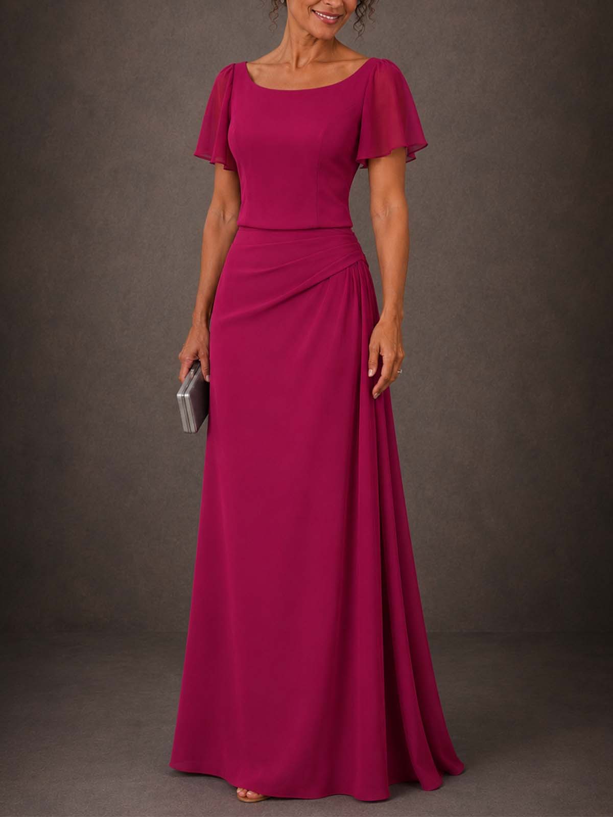 Sheath/Column Scoop Neck Short Sleeves Floor-Length Stretch Chiffon Evening Dresses
