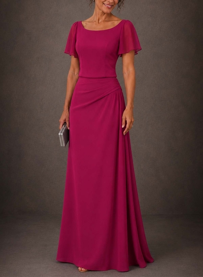 Sheath/Column Scoop Neck Short Sleeves Floor-Length Stretch Chiffon Evening Dresses