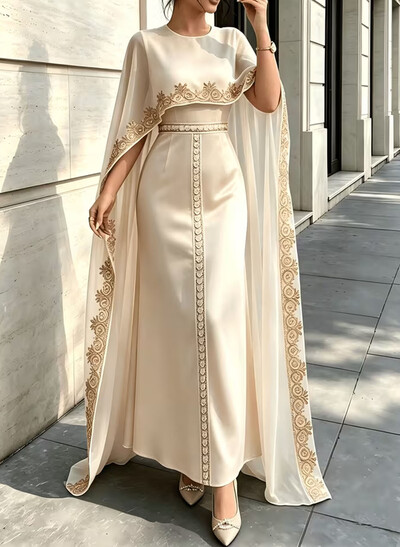 Sheath/Column Scoop Neck Cape Sleeves Floor-Length Stretch Satin Evening Dresses With Lace