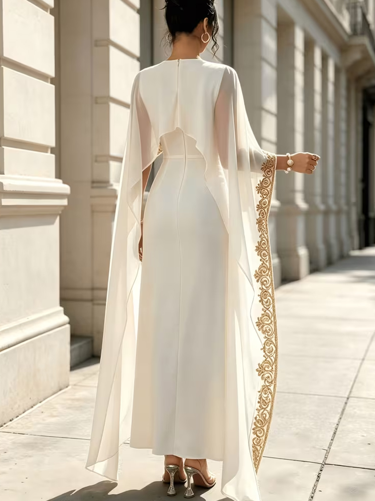Sheath/Column Scoop Neck Cape Sleeves Floor-Length Stretch Satin Evening Dresses With Lace