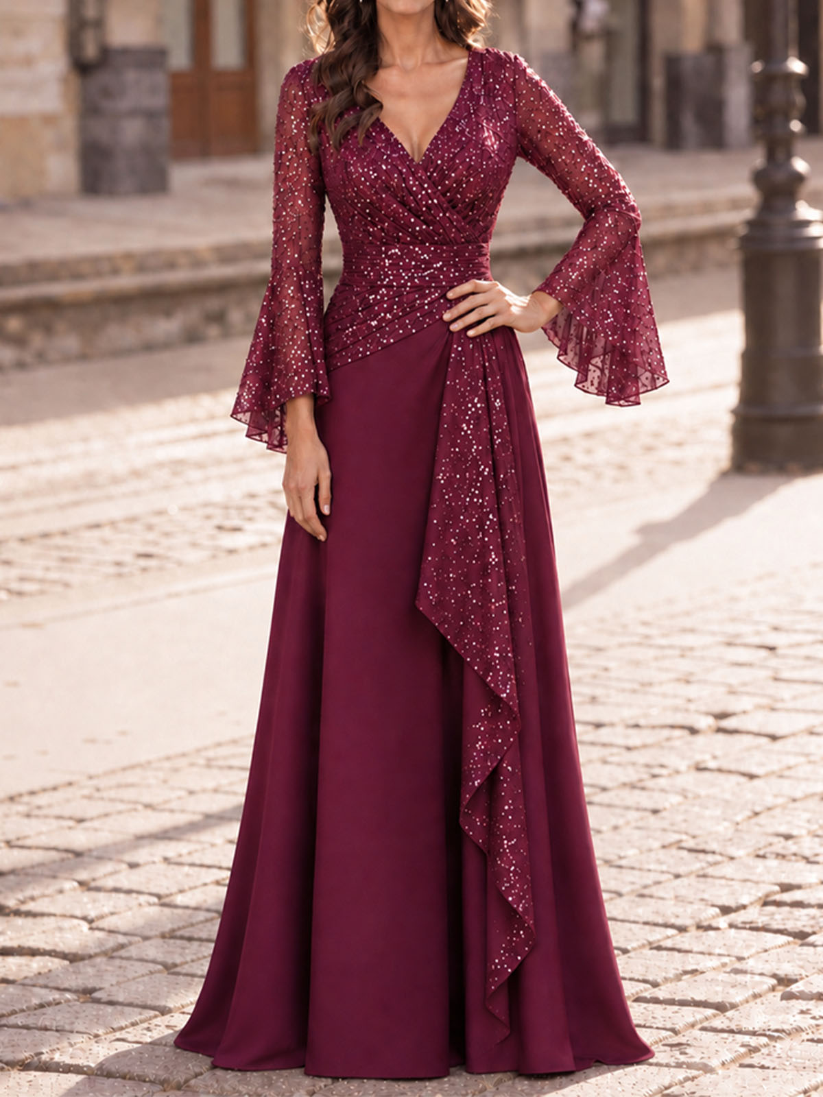 Fitted Column V-Neck Long Sleeve Floor-Length Evening Dress In Lace, Tulle And Stretch Satin With Diamanté