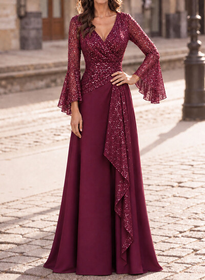 Fitted Column V-Neck Long Sleeve Floor-Length Evening Dress In Lace, Tulle And Stretch Satin With Diamanté