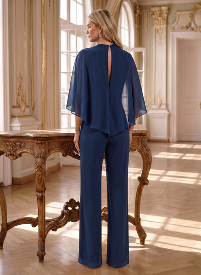 Jumpsuit/Pantsuit Scoop Neck Cape Sleeves Floor-Length Chiffon Evening Dresses