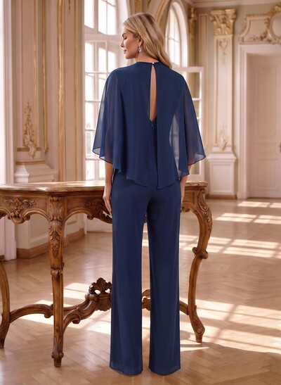 Chiffon Evening Jumpsuit/Pantsuit, Scoop Neck, Cape Sleeves, Floor-Length
