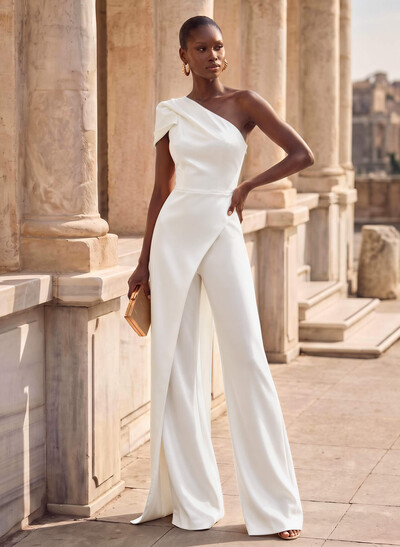 Jumpsuit / Pantsuit One-Shoulder Sleeveless Floor-Length Matte Satin Evening Gown
