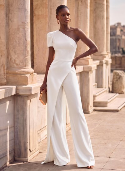 Jumpsuit/Pantsuit One-Shoulder Sleeveless Floor-Length Matte Satin Evening Dresses