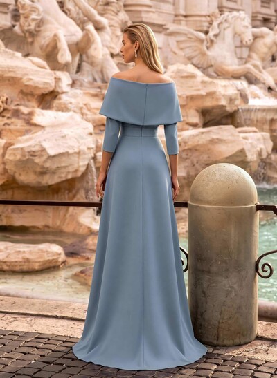 Off-The-Shoulder Stretch Satin Jumpsuit/Pantsuit With 3/4 Sleeves, Sweep Train And Sash/Overskirt Evening Dress