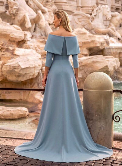 Jumpsuit/Pantsuit Off-The-Shoulder 3/4 Sleeves Sweep Train Elastic Satin Evening Dresses With Sash/Overskirt Dress