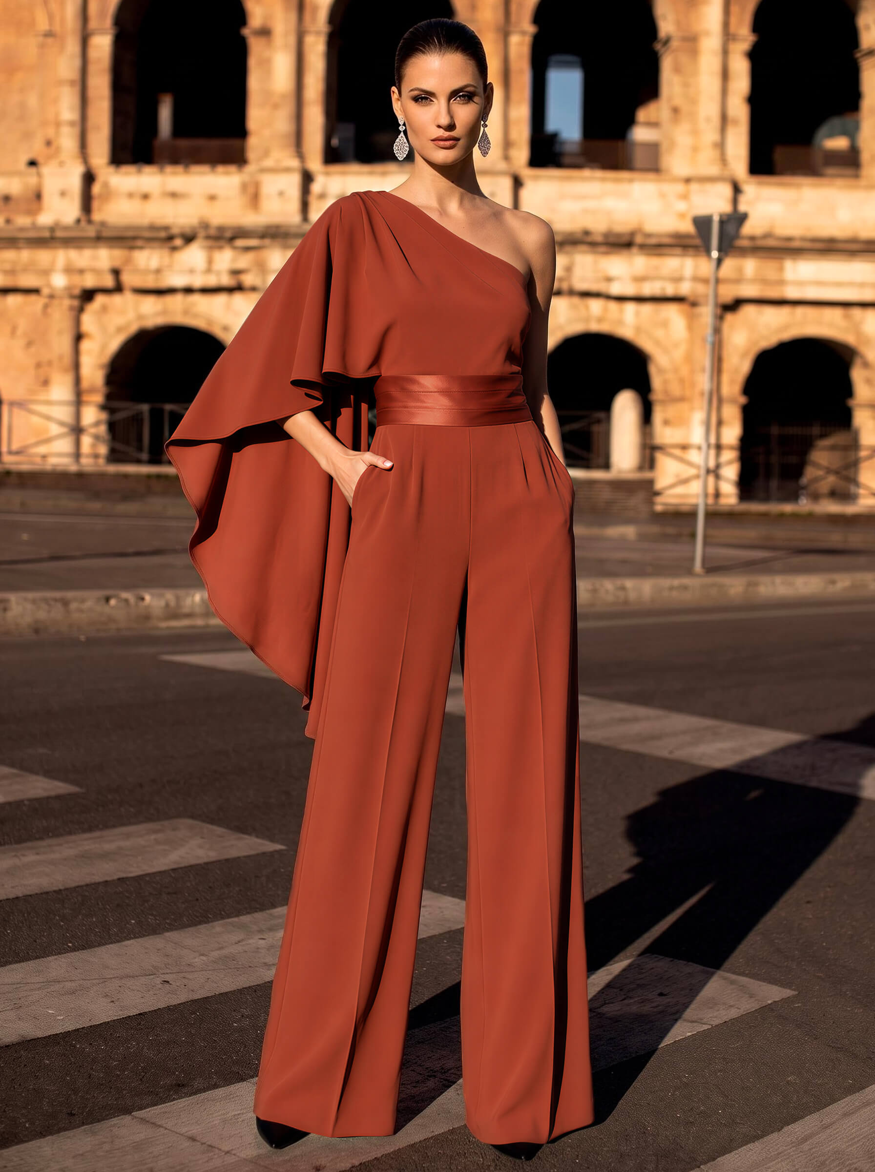 One-Shoulder Sleeveless Maxi Satin/Stretch Satin Evening Jumpsuit/Pantsuit With Pockets/Sash