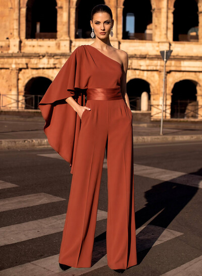 One-Shoulder Sleeveless Maxi Satin/Stretch Satin Evening Jumpsuit/Pantsuit With Pockets/Sash