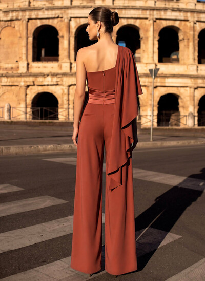 One-Shoulder Sleeveless Maxi Satin/Stretch Satin Evening Jumpsuit/Pantsuit With Pockets/Sash