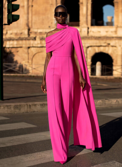 Jumpsuit/Pantsuit, Halterneck, Sleeveless, Floor-Length, Stretch Satin Evening Dress With Sweeping Side Drape