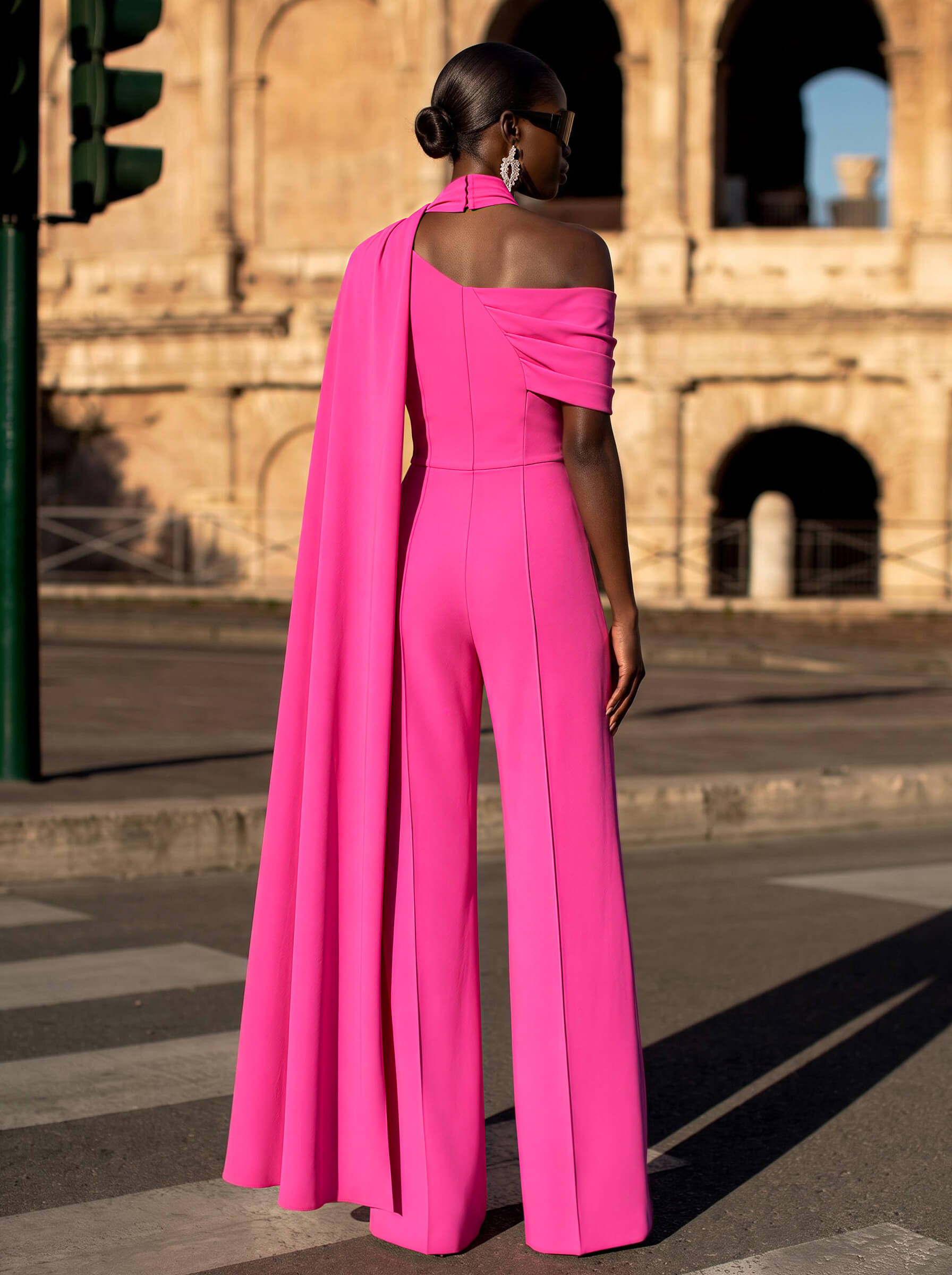 Jumpsuit/Pantsuit, Halterneck, Sleeveless, Floor-Length, Stretch Satin Evening Dress With Sweeping Side Drape