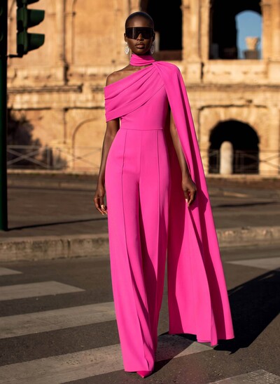 Jumpsuit/Pantsuit Halter Sleeveless Floor-Length Elastic Satin Evening Dresses With Sweeping Side Drape