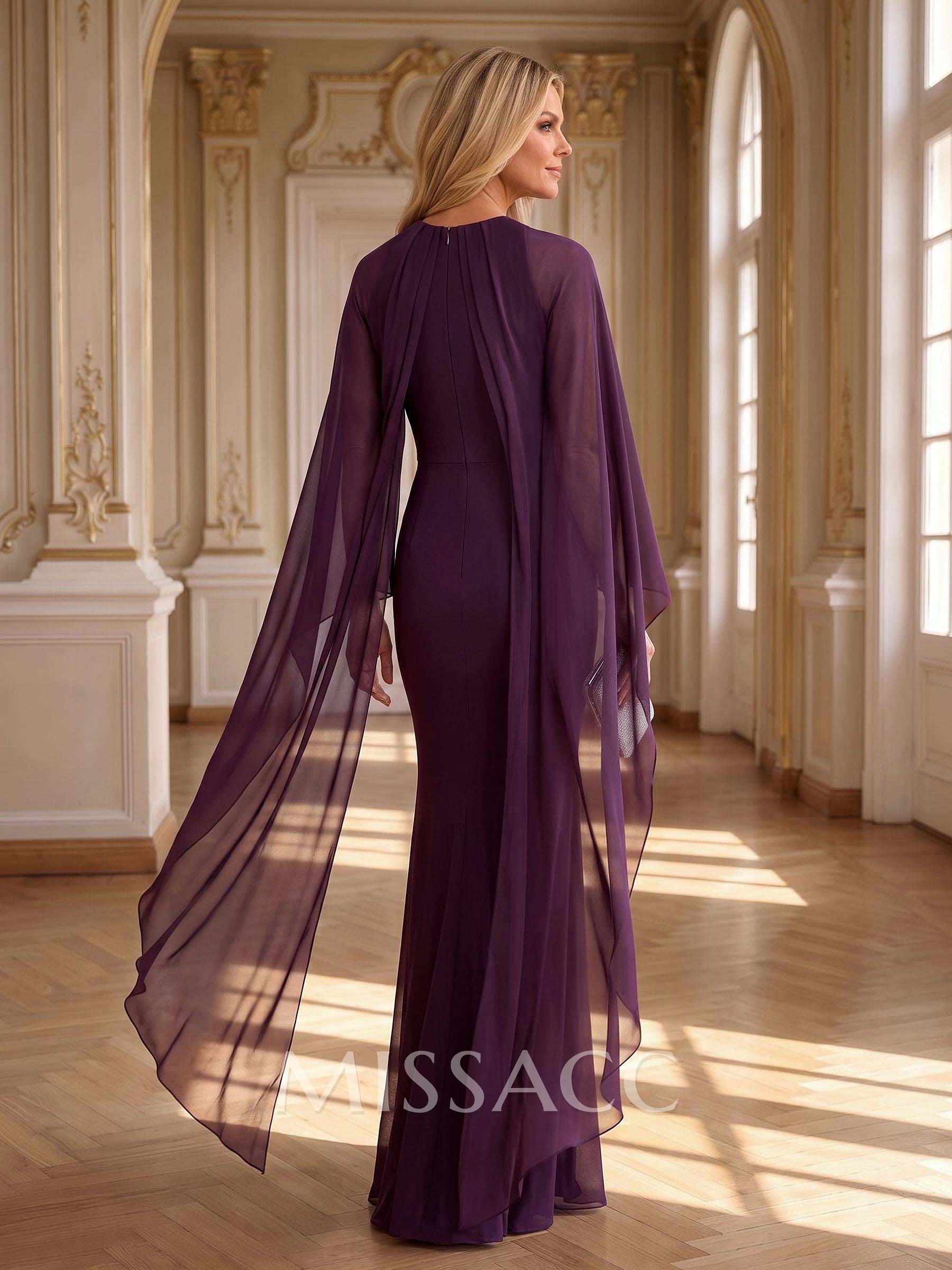 Sheath/Column Scoop Neck Cape Sleeves Floor-Length Chiffon Evening Dresses