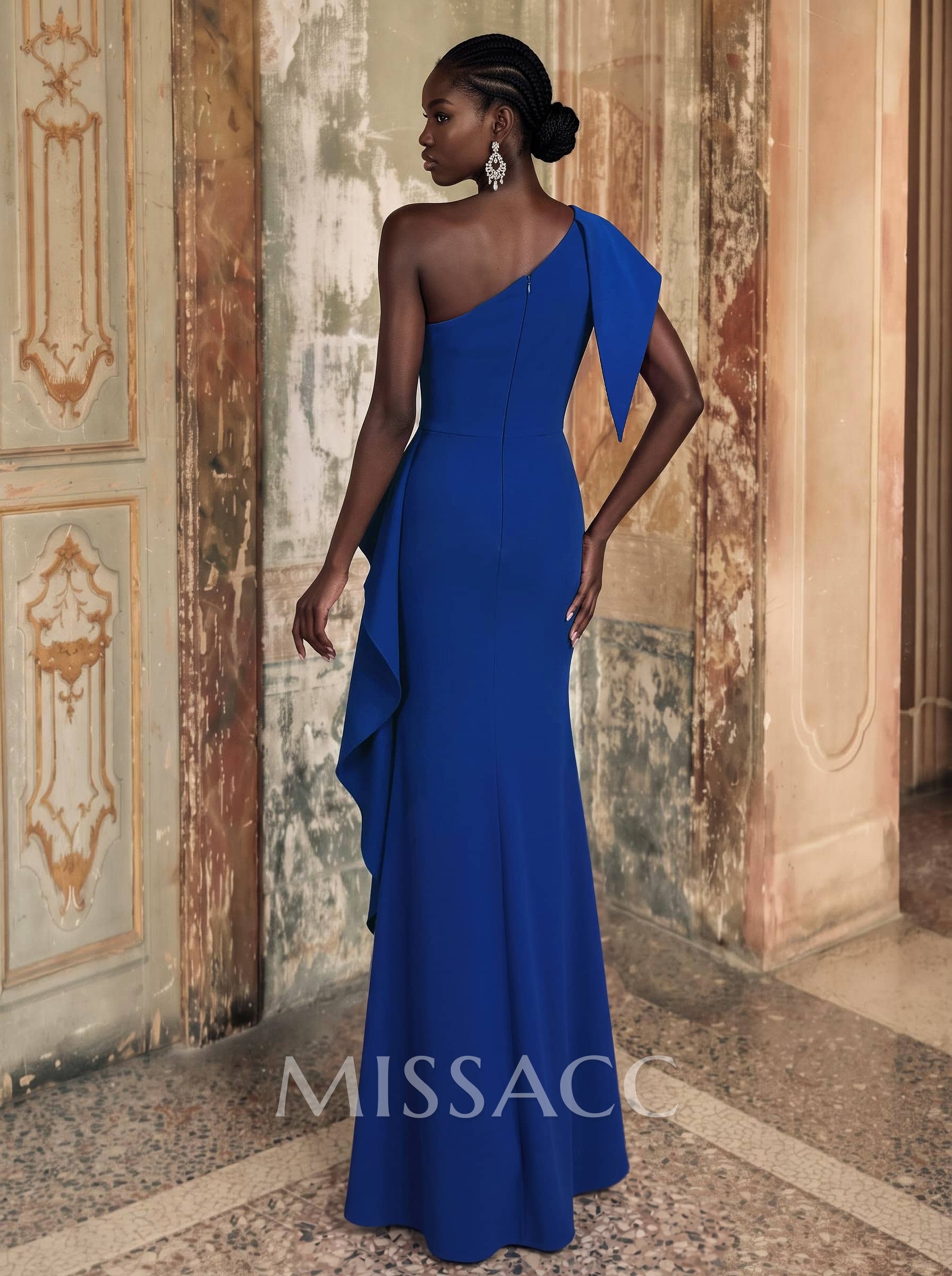 Sheath/Column One-Shoulder Sleeveless Floor-Length Elastic Satin Evening Dresses With Sweeping Side Drape