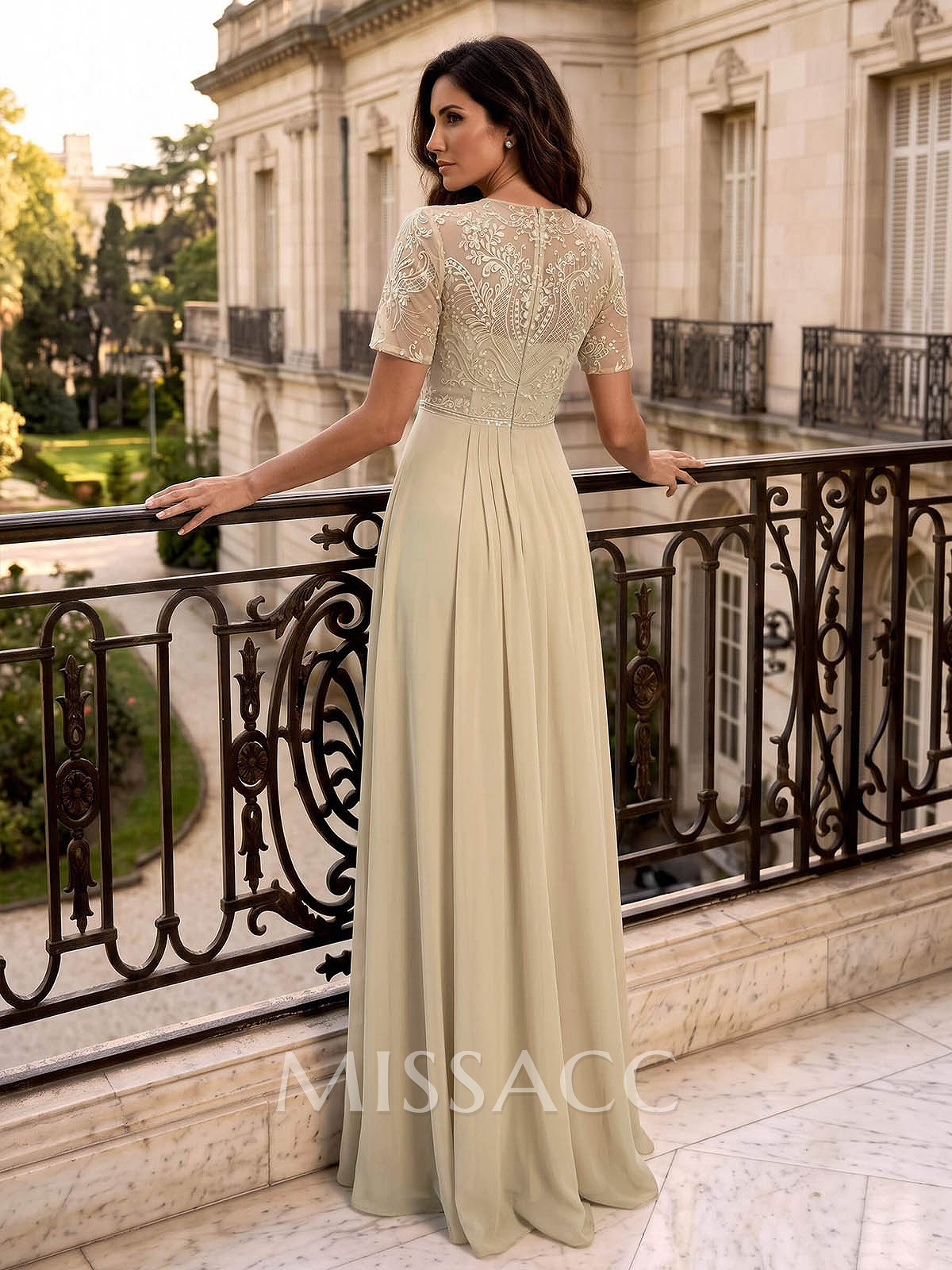 Jumpsuit/Pantsuit Scoop Neck Short Sleeves Floor-Length Chiffon Evening Dresses With Lace/Overskirt Dress