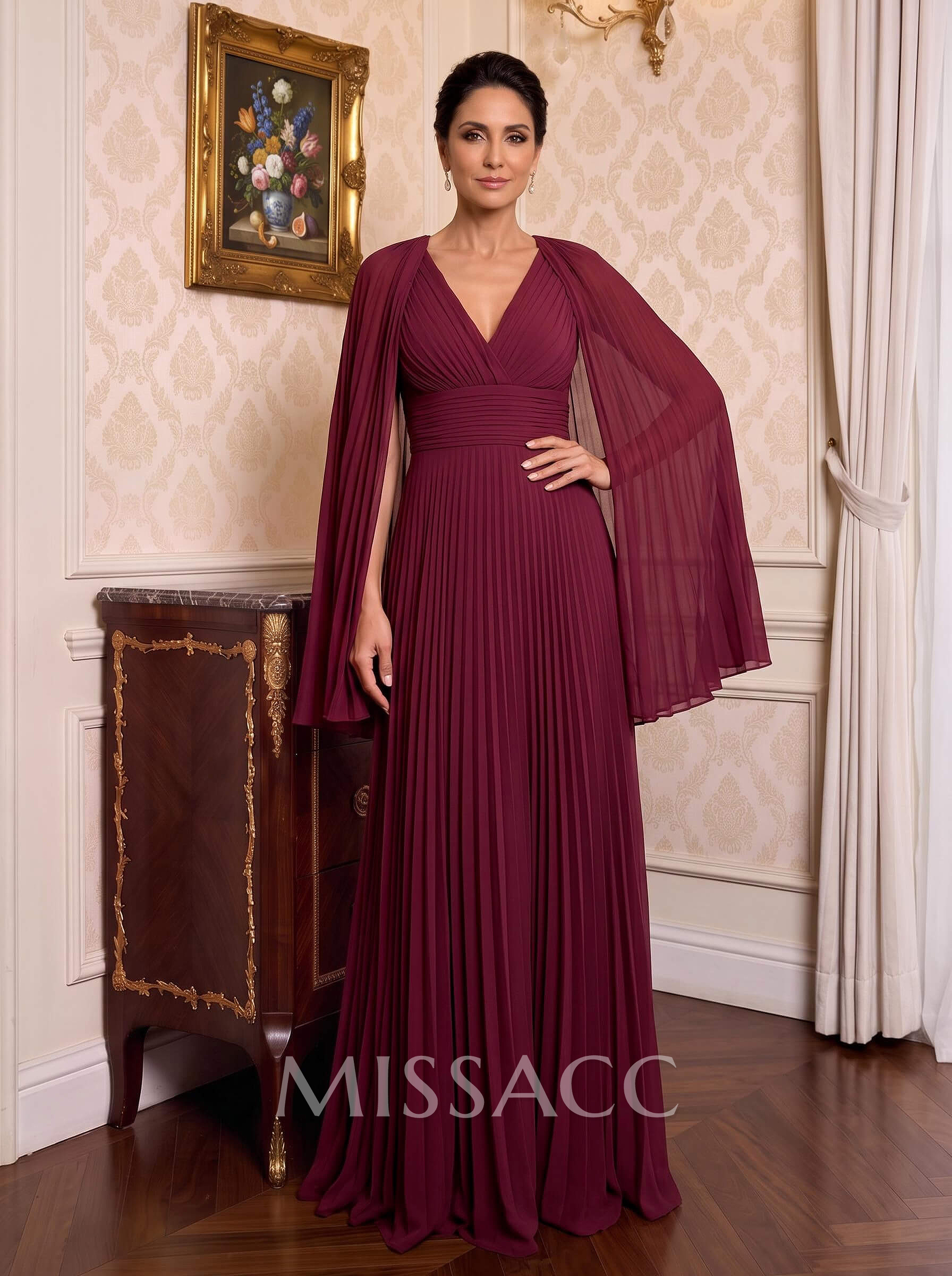 A-Line V-Neck Cape Sleeves Floor-Length Chiffon Evening Dresses With Pleated