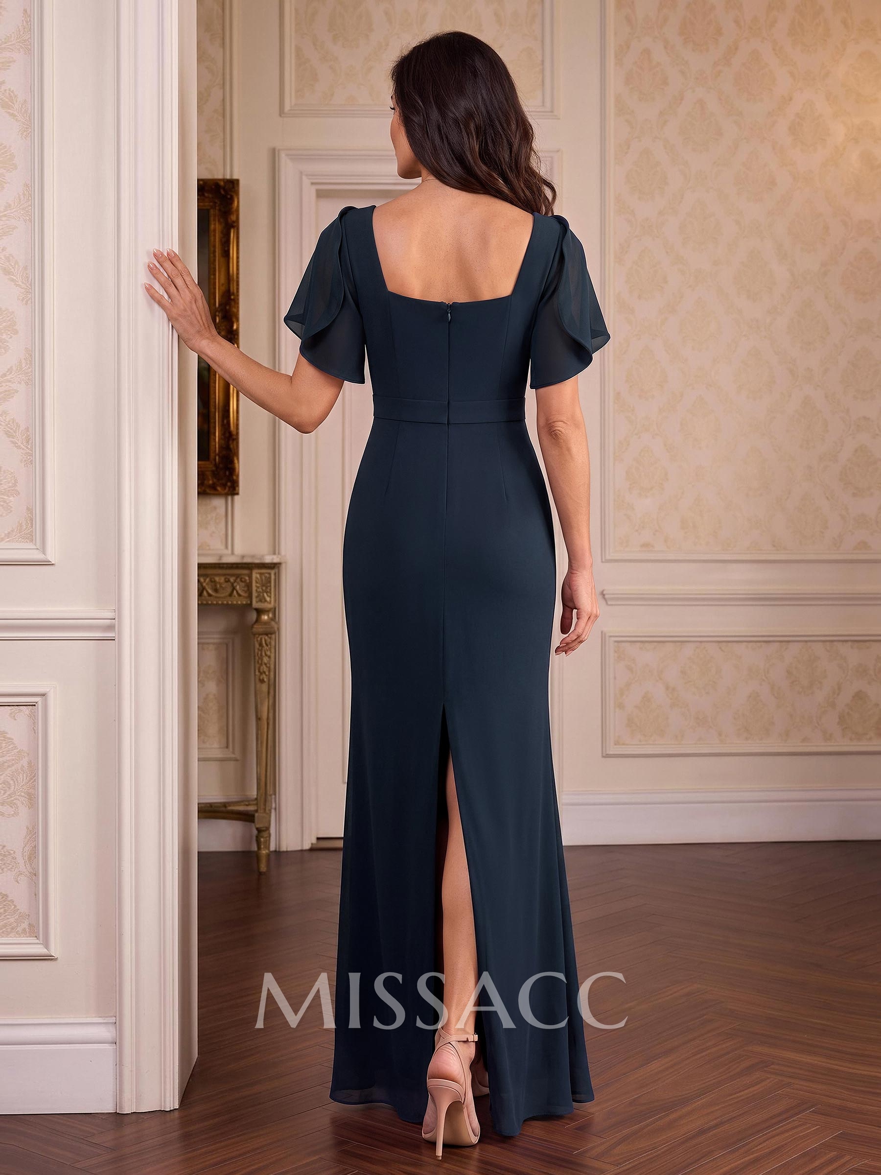 Sheath/Column Square Neckline Short Sleeves Floor-Length Chiffon Evening Dresses With Back Slit