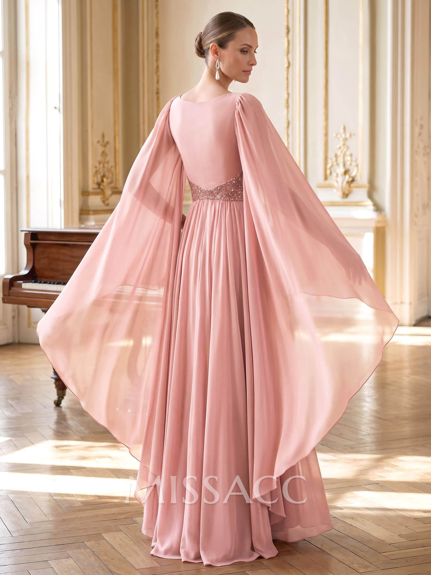 A-Line Plunge Neck Cape Sleeves Floor-Length Chiffon Evening Dresses With Beading/Pleated