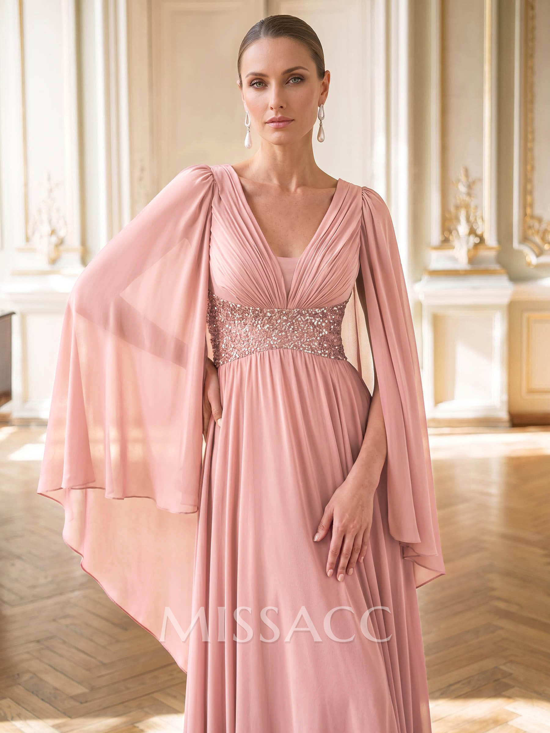 A-Line Plunge Neck Cape Sleeves Floor-Length Chiffon Evening Dresses With Beading/Pleated