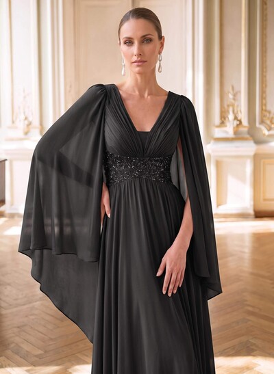 A-Line Plunge Neck Cape Sleeves Floor-Length Chiffon Evening Dresses With Beading/Pleated