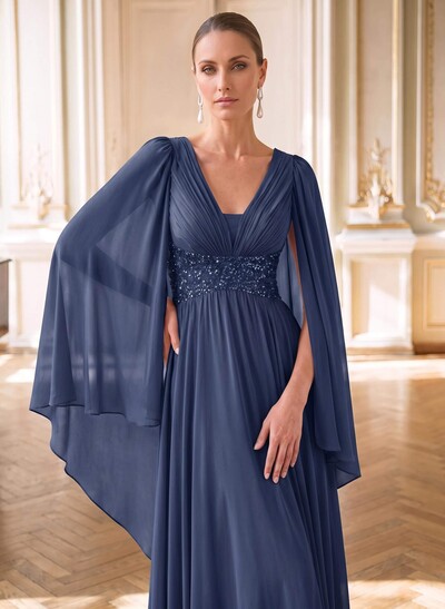 A-Line Plunge Neck Cape Sleeves Floor-Length Chiffon Evening Dresses With Beading/Pleated