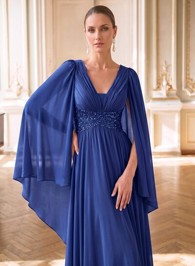 A-Line Plunge Neck Cape Sleeves Floor-Length Chiffon Evening Dresses With Beading/Pleated