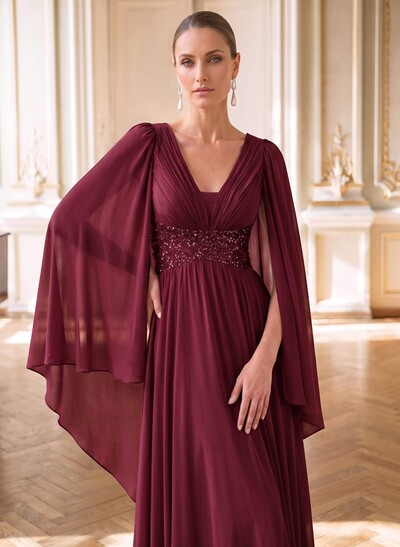 A-Line Plunge Neck Cape Sleeves Floor-Length Chiffon Evening Dresses With Beading/Pleated