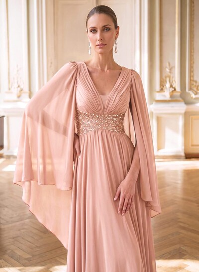 A-Line Plunge Neck Cape Sleeves Floor-Length Chiffon Evening Dresses With Beading/Pleated