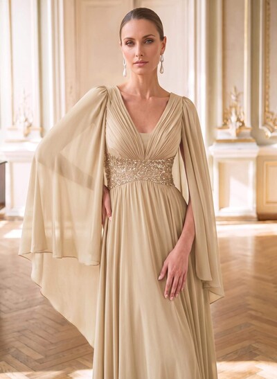 A-Line Plunge Neck Cape Sleeves Floor-Length Chiffon Evening Dresses With Beading/Pleated