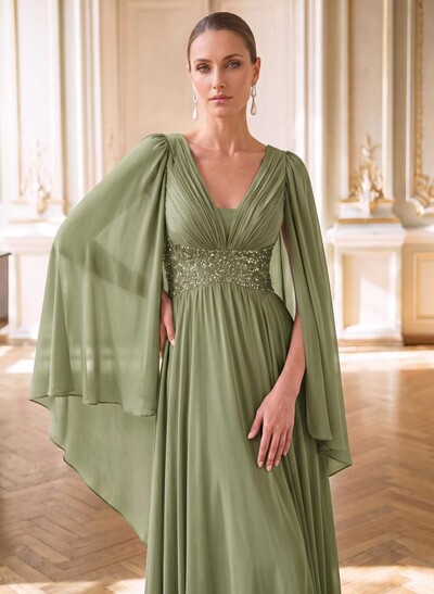 A-Line Plunge Neck Cape Sleeve Maxi Chiffon Evening Dress With Beading And Pleats