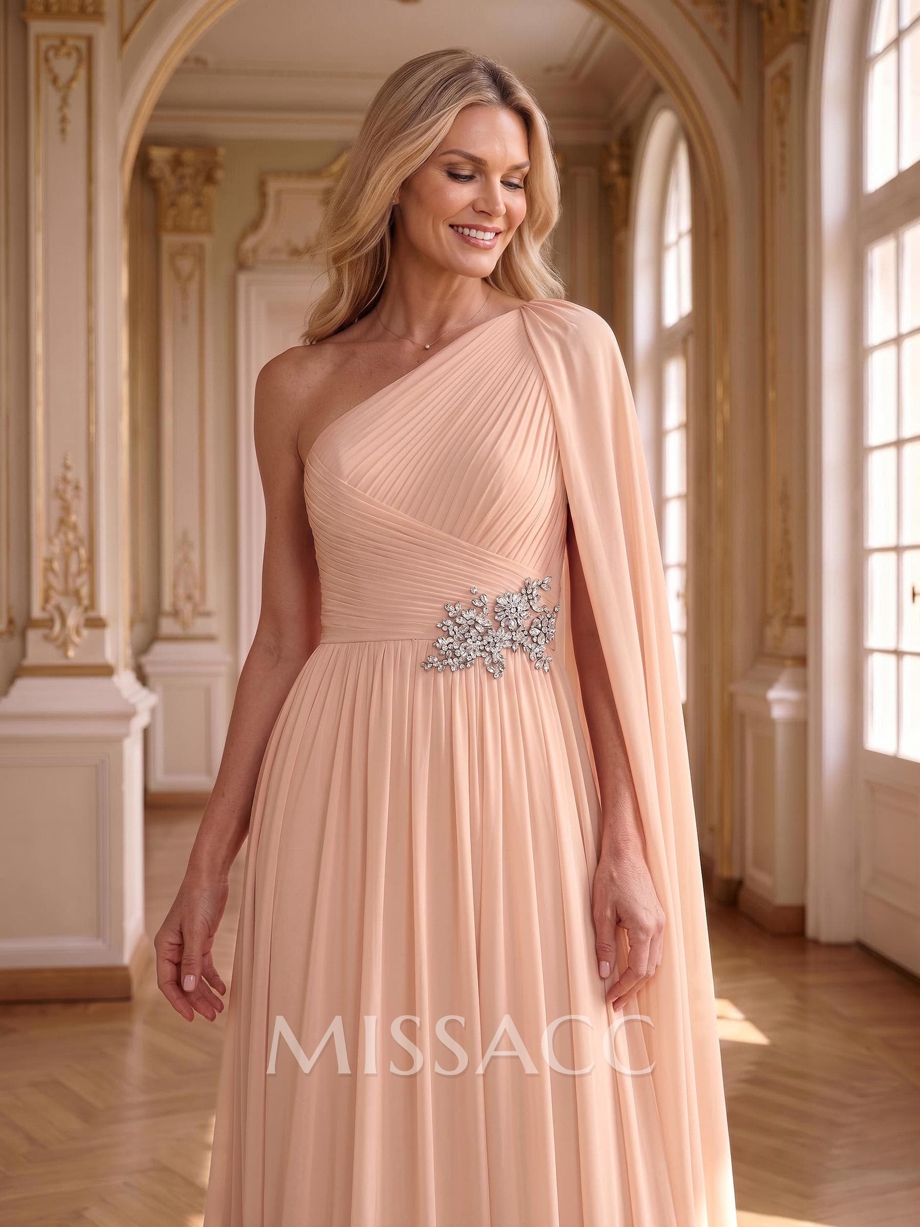 A-Line One-Shoulder Cape Sleeves Floor-Length Chiffon Evening Dresses With Pleated