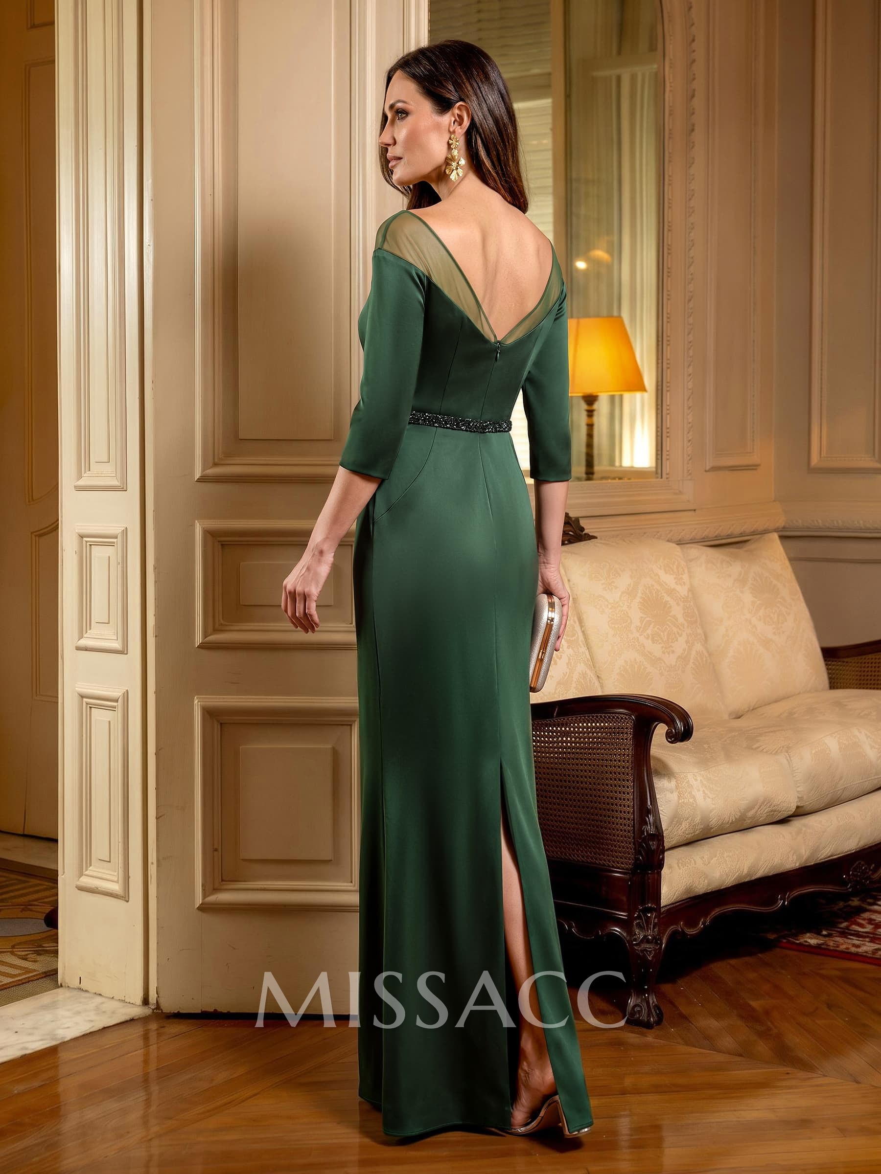 Sheath/Column V-Neck 3/4 Sleeves Floor-Length Crepe Satin Evening Dresses With Sash