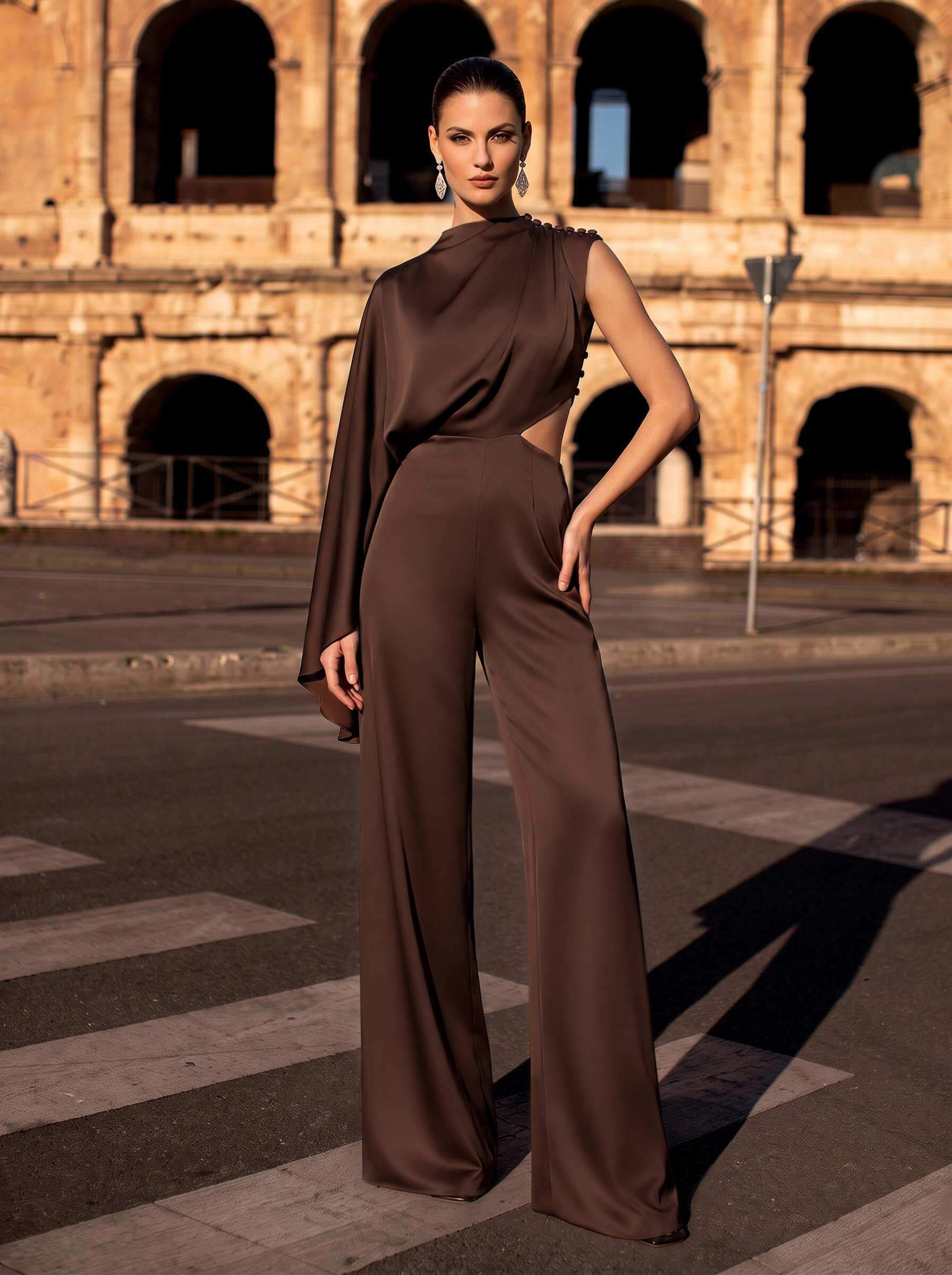 Jumpsuit / Pantsuit High Neck Cape Sleeves Floor-Length Stretch Satin Evening Dresses With Sweeping Side Drape