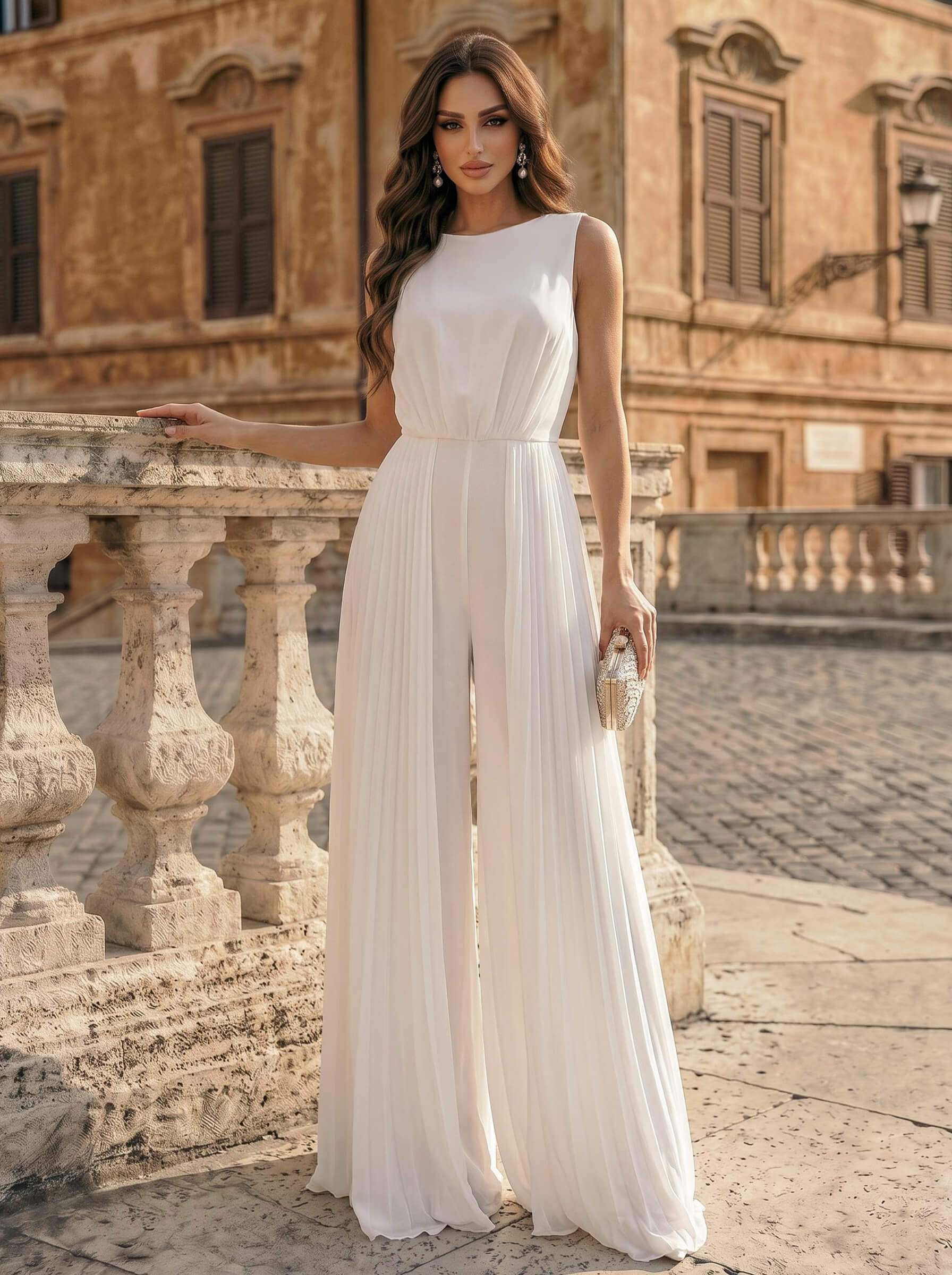Jumpsuit / Pantsuit Scoop Neck Sleeveless Floor-Length Chiffon Evening Dresses With Pleated