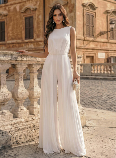 Jumpsuit / Pantsuit Scoop Neck Sleeveless Floor-Length Chiffon Evening Dresses With Pleated