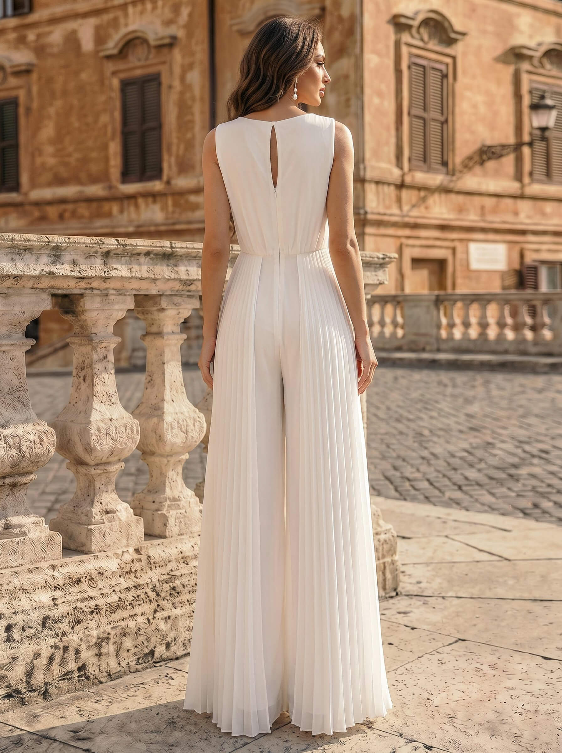 Jumpsuit / Pantsuit Scoop Neck Sleeveless Floor-Length Chiffon Evening Dresses With Pleated
