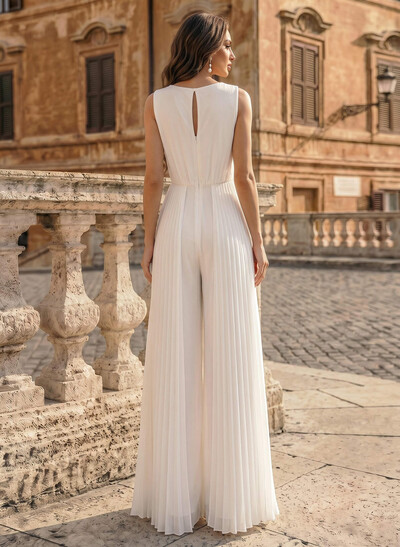 Jumpsuit / Pantsuit Scoop Neck Sleeveless Floor-Length Chiffon Evening Dresses With Pleated