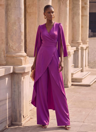 Jumpsuit / Pantsuit Plunge Neck 3/4 Sleeves Floor-Length Crepe Satin Evening Dresses With Sash