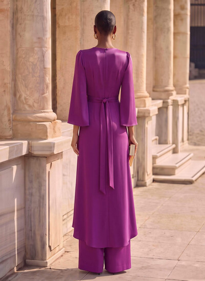 Jumpsuit / Pantsuit Plunge Neck 3/4 Sleeves Floor-Length Crepe Satin Evening Dresses With Sash