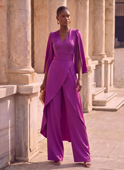 Jumpsuit/Pantsuit Plunge Neck 3/4 Sleeves Floor-Length Crepe Satin Evening Dresses With Sash